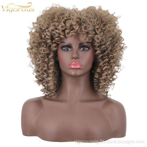 Afro Kinkys Curly Hair Wigs with Bangs Shoulder Length Wig Synthetic Heat Resistant Curly Full Wig for Black women